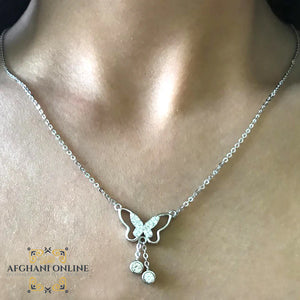 butterfly necklace - Silver necklace - cubic zirconia - women silver necklace - sparkle pendant - afghani online - Jordan necklaces - الافغاني - سنسال فضة - سناسيل للبنات - تعليقة حجر زركون