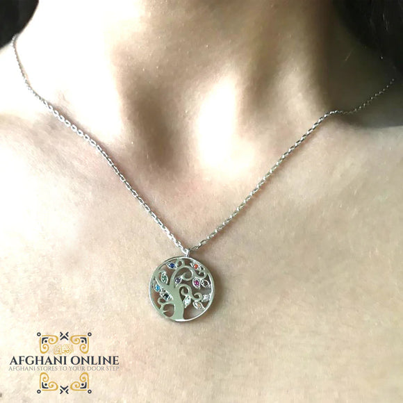 tree of life necklace - Silver necklace - cubic zirconia - women silver necklace - sparkle pendant - afghani online - Jordan necklaces - الافغاني - سنسال فضة - سناسيل للبنات - تعليقة حجر زركون