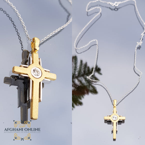 Sterling silver cross gold coated - christian necklace - Silver cross necklace - Jordan necklaces - USA cross necklace - cubic zircon - women silver necklace - sparkle cross pendant - Afghani online - Jordan necklaces - الافغاني - سنسال صليب فضة - سناسيل للبنات - صليب حجر زركون